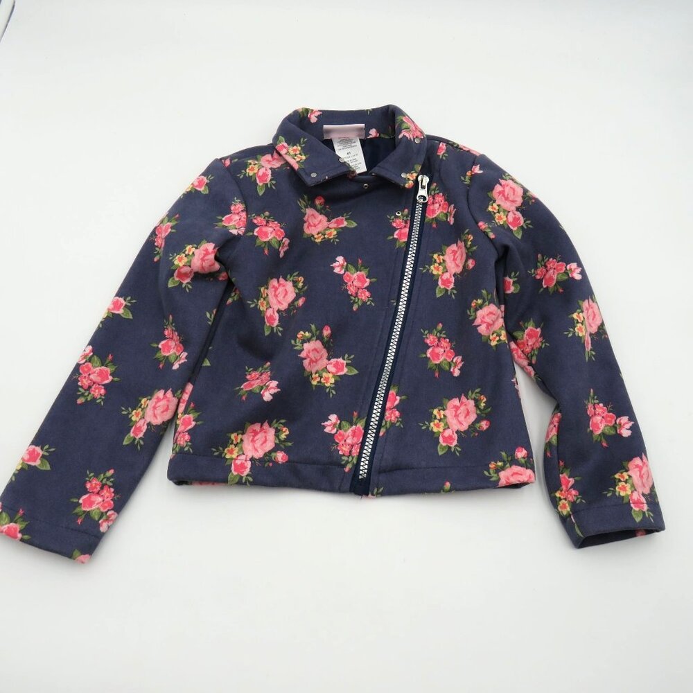 Little Lass Jacket Girls Size 4T‎ Navy Blue Floral Moto Exposed Zipper